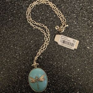 Gold Tone Dragonfly Pendant Necklace with Turquoise-style Oval Inlay